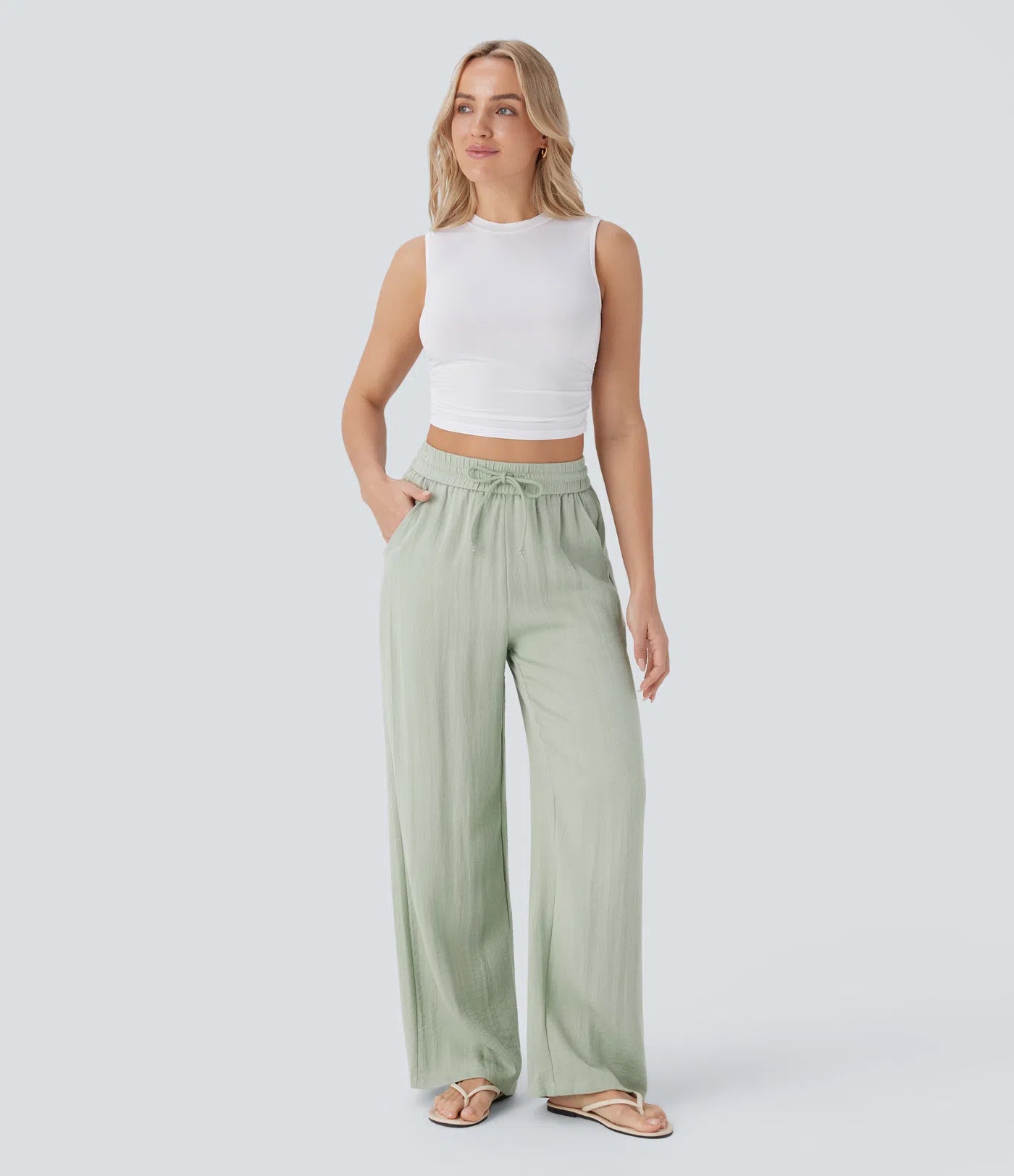 Lässige Hose mit Leinengefühl, hoher Taille, Kordelzug an der Seite und weitem Bein