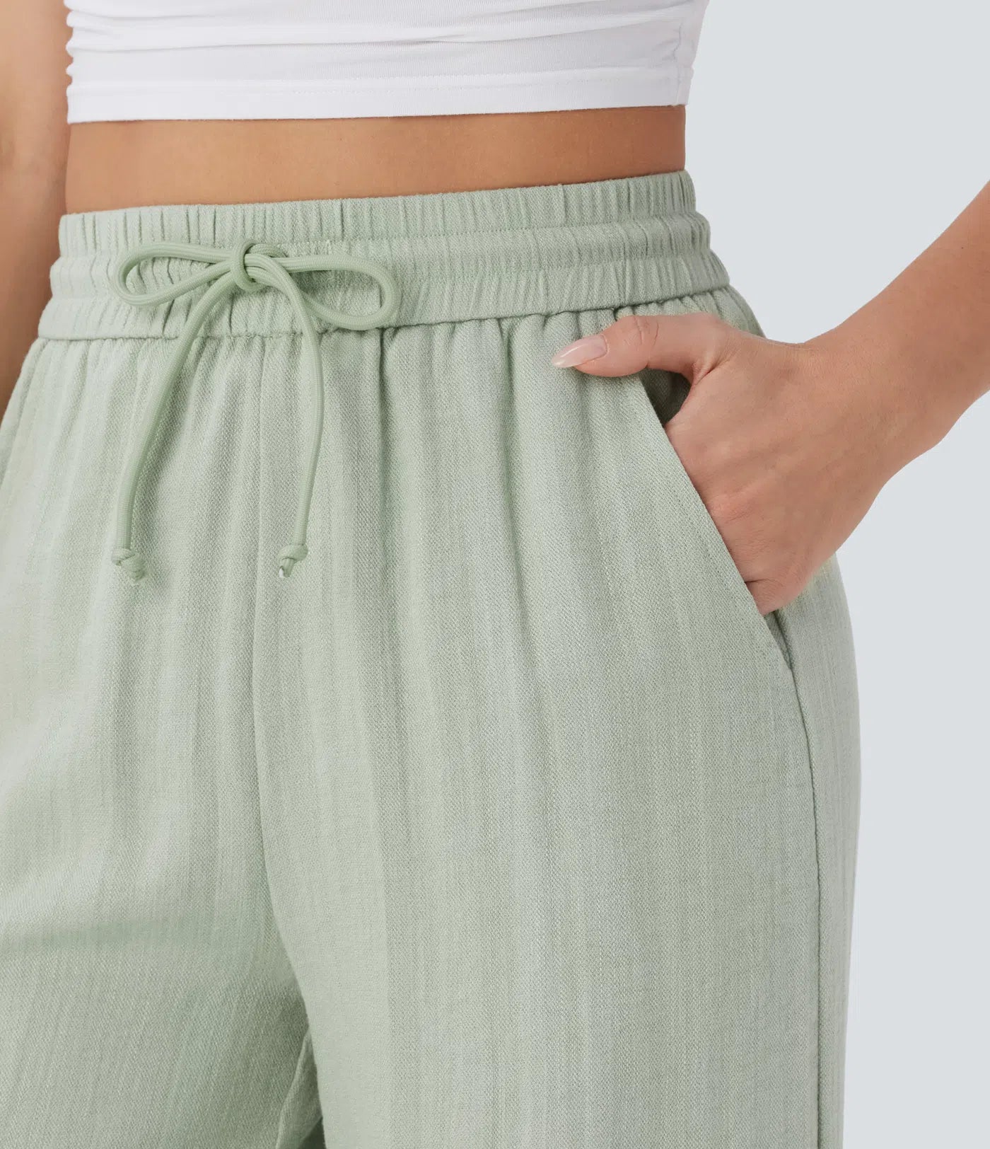 Lässige Hose mit Leinengefühl, hoher Taille, Kordelzug an der Seite und weitem Bein