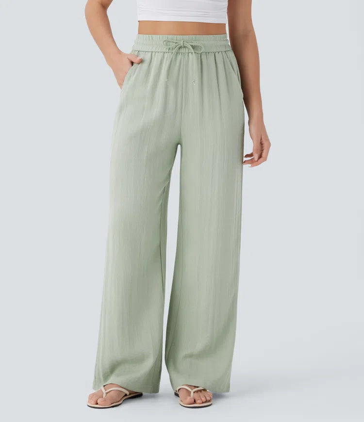 Lässige Hose mit Leinengefühl, hoher Taille, Kordelzug an der Seite und weitem Bein