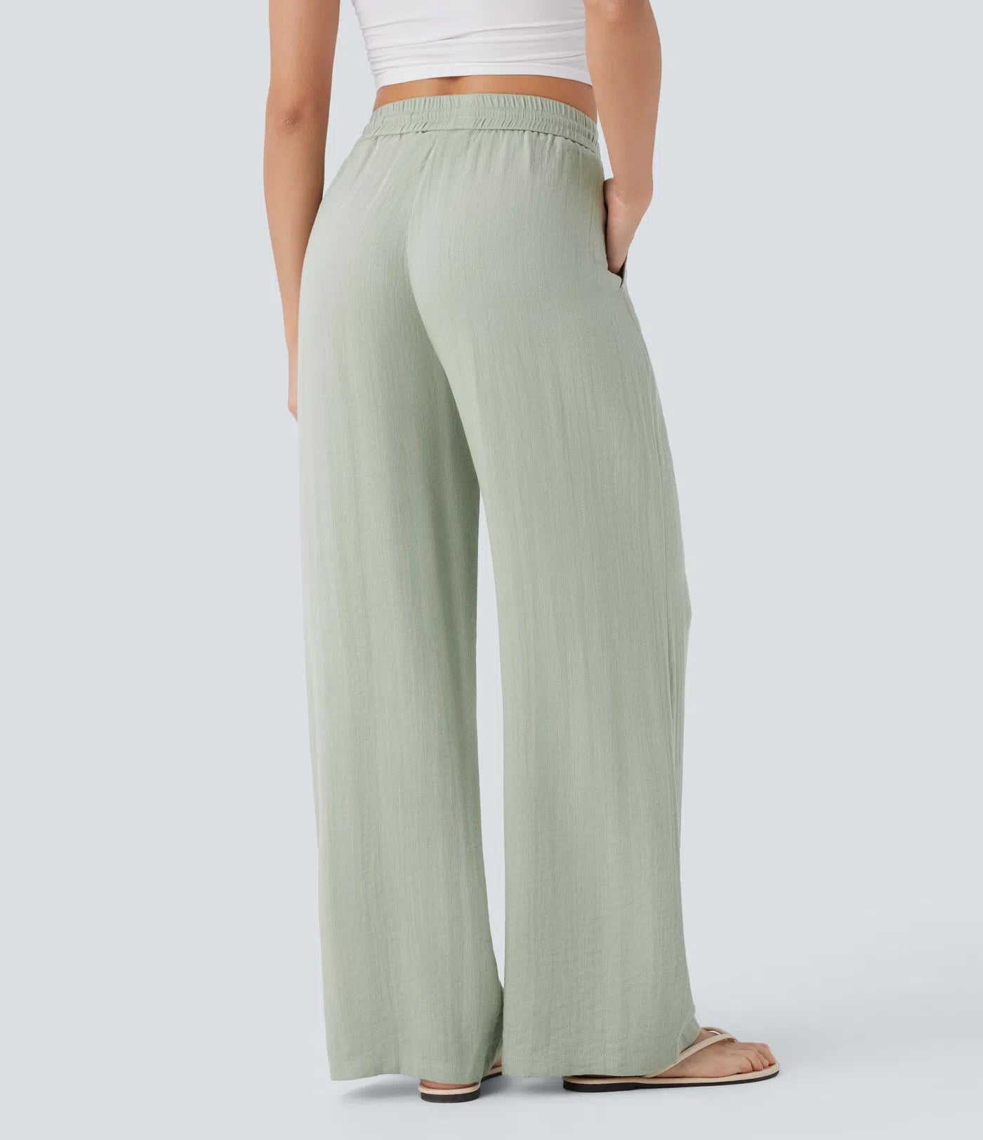 Lässige Hose mit Leinengefühl, hoher Taille, Kordelzug an der Seite und weitem Bein