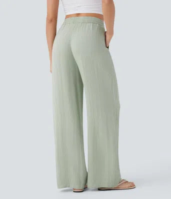 Lässige Hose mit Leinengefühl, hoher Taille, Kordelzug an der Seite und weitem Bein
