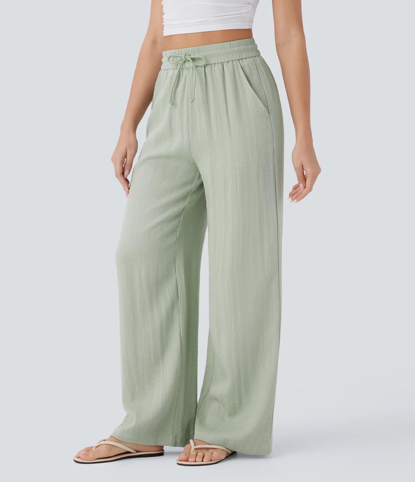 Lässige Hose mit Leinengefühl, hoher Taille, Kordelzug an der Seite und weitem Bein